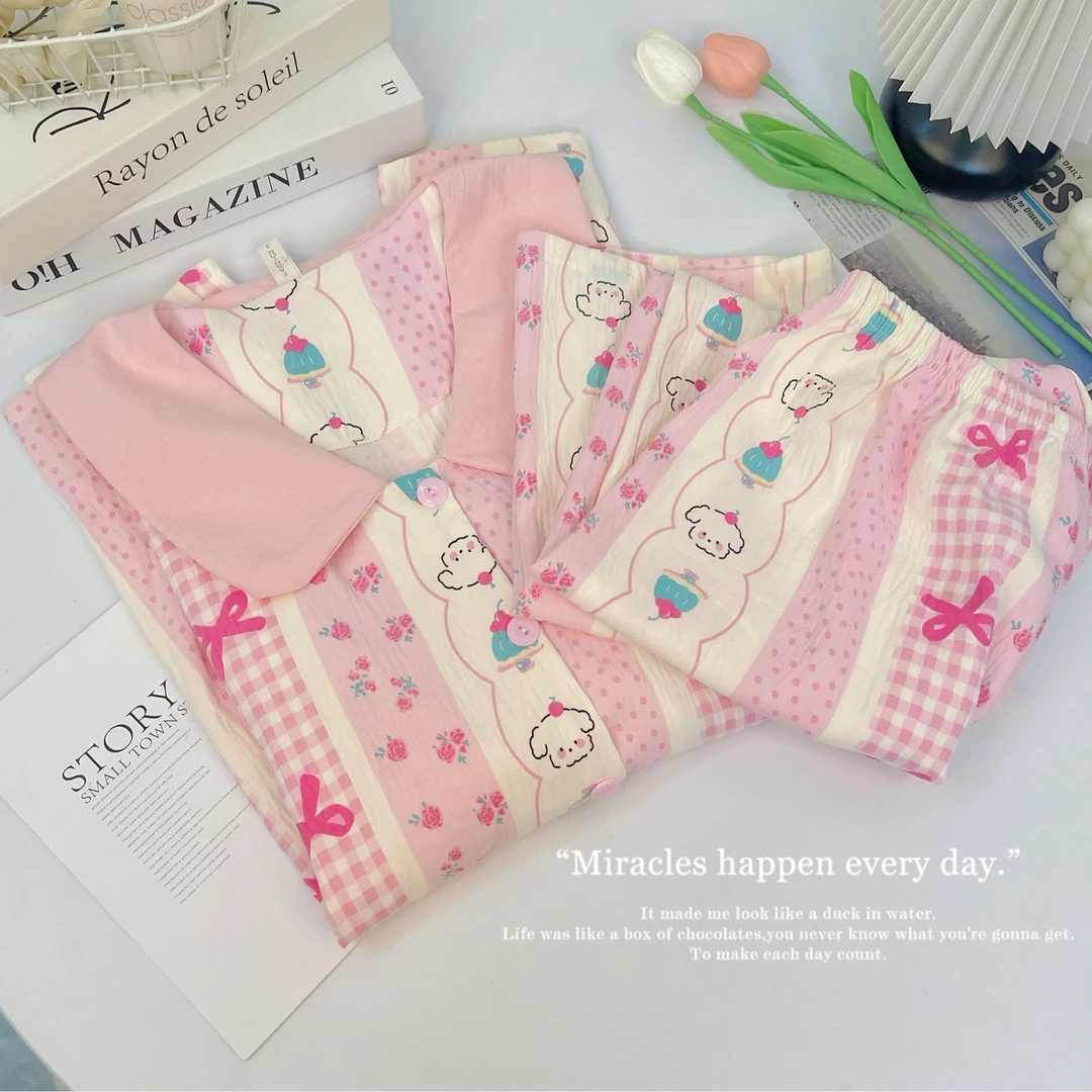 春秋长袖长裤微胖女生大码女生胖mm200斤睡衣女套装款甜美家居服