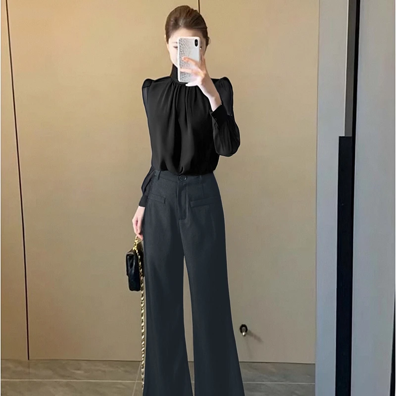 【密】【两件套】休闲套装女2025春秋款t恤西装微喇裤两件套D3548