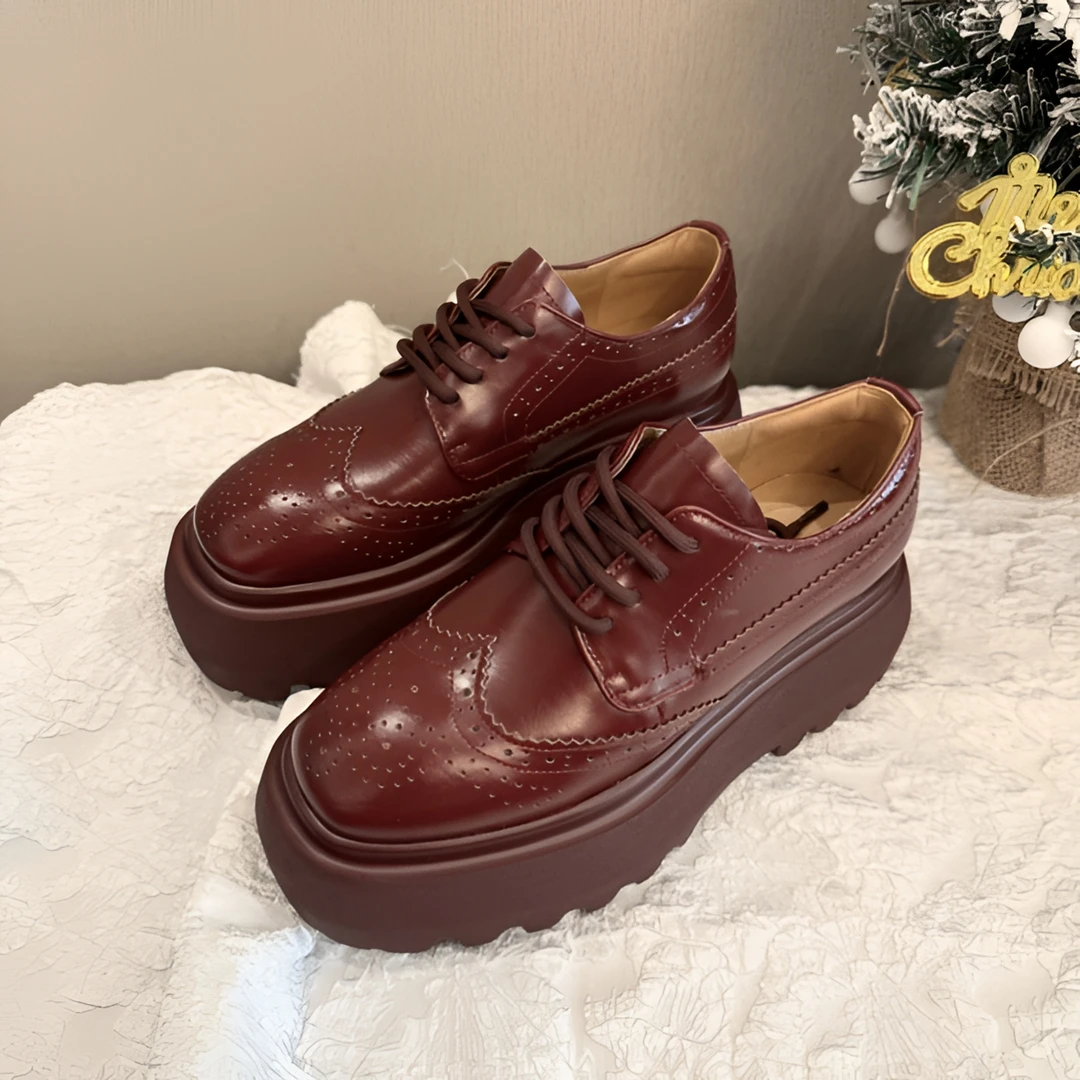 【悦悦】英伦风布洛克单鞋 新年一定红牛皮松糕女鞋