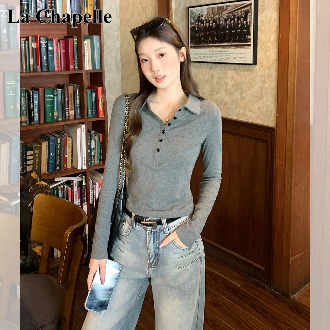 拉夏贝尔2025秋季新款内搭打底衫T恤女高级感灰色修身针织衫长袖