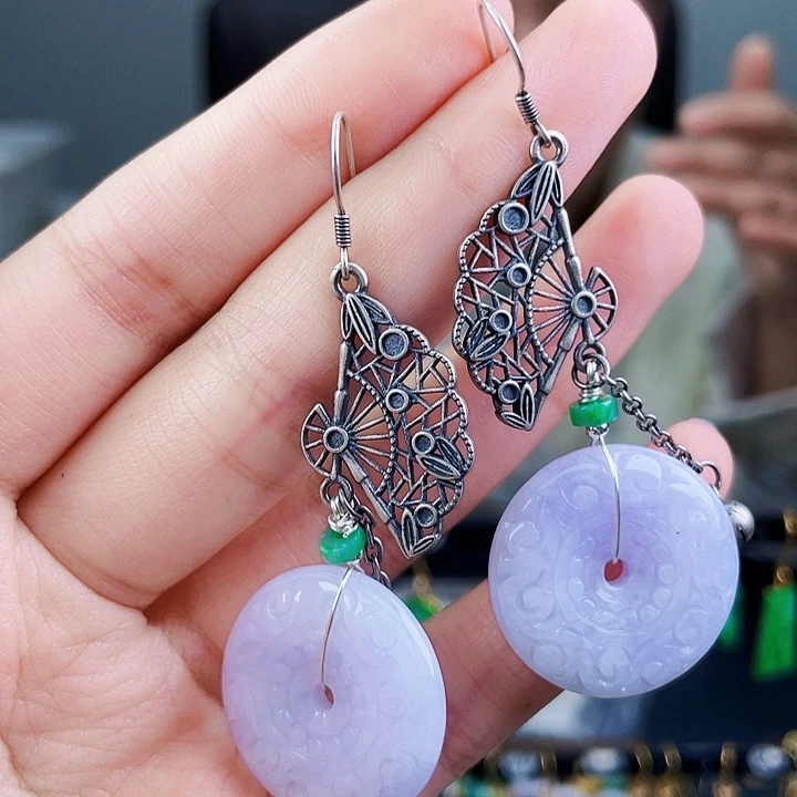 翡翠耳饰银S925镶嵌饰品