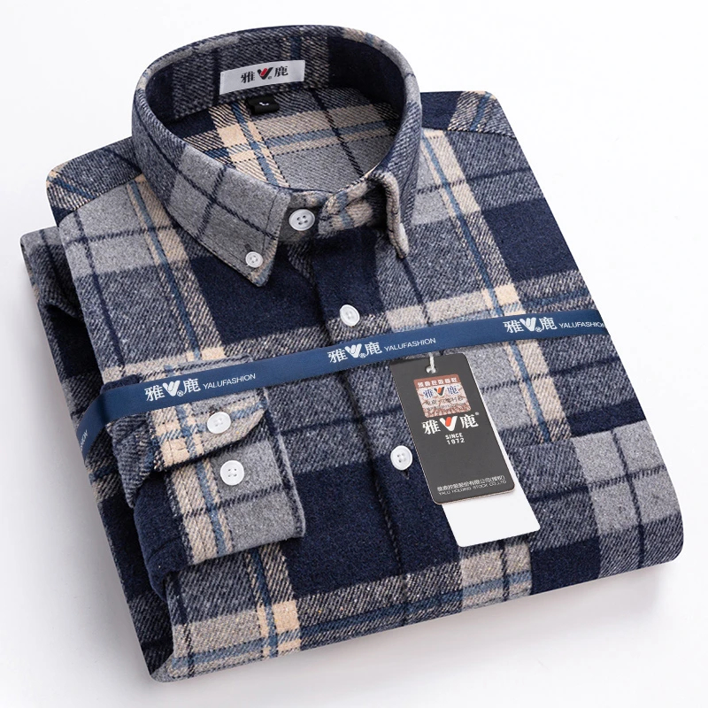 雅鹿正品格子韩版方领常规款衬衫冬季加厚休闲大码高端磨毛男装