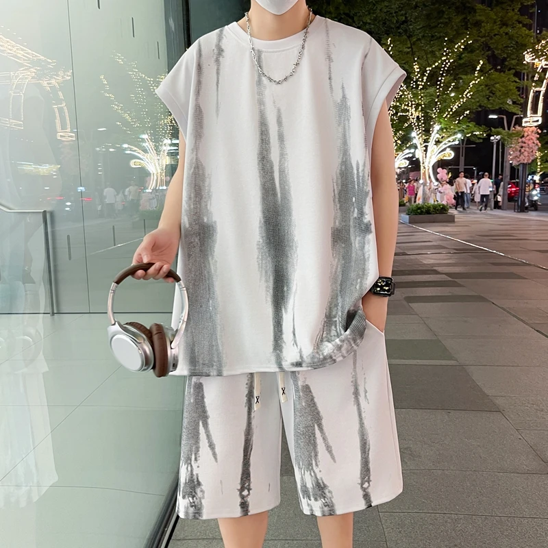 青少年学生夏季休闲运动无袖背心套装男时尚潮流圆领宽松百搭