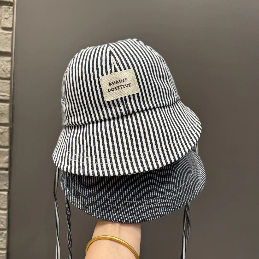 宝宝遮阳帽春秋季韩版条纹渔夫帽男女宝宝出游大帽檐系带防风盆帽