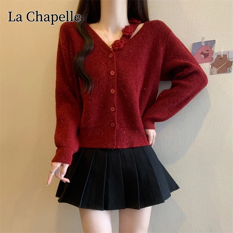 拉夏贝尔新年红立体花朵套头毛衣女秋冬新款设计感显瘦短款针织衫