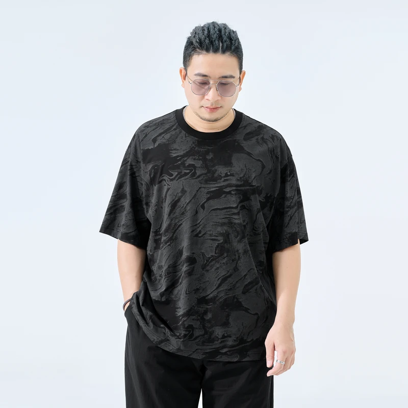半墨大码男装复古印花T恤男短袖宽松圆领夏季胖子男士体恤衫0351