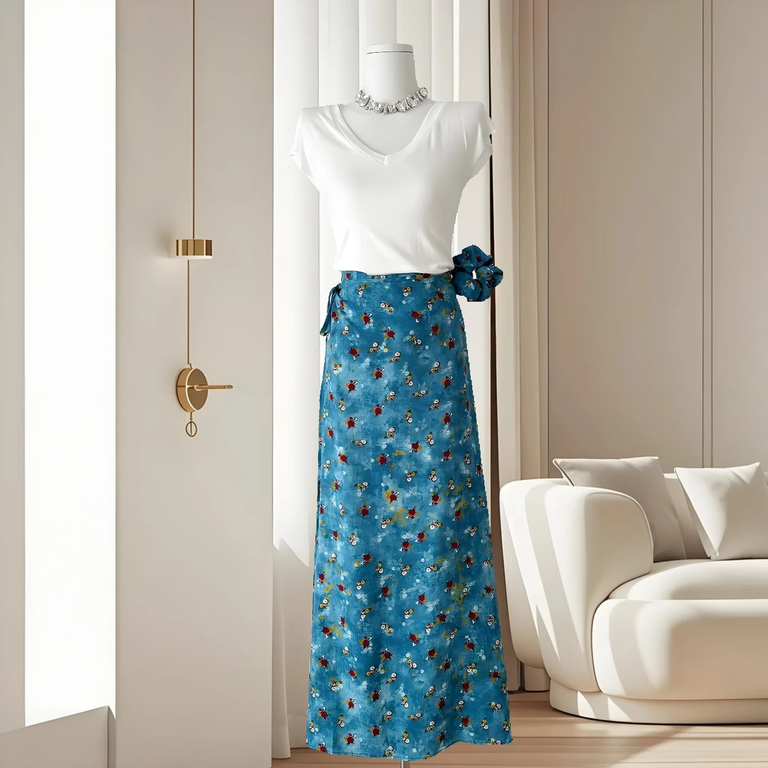 多巴胺穿搭套装女装V领白色T恤上衣+蓝色碎花油画a字半身裙两件套