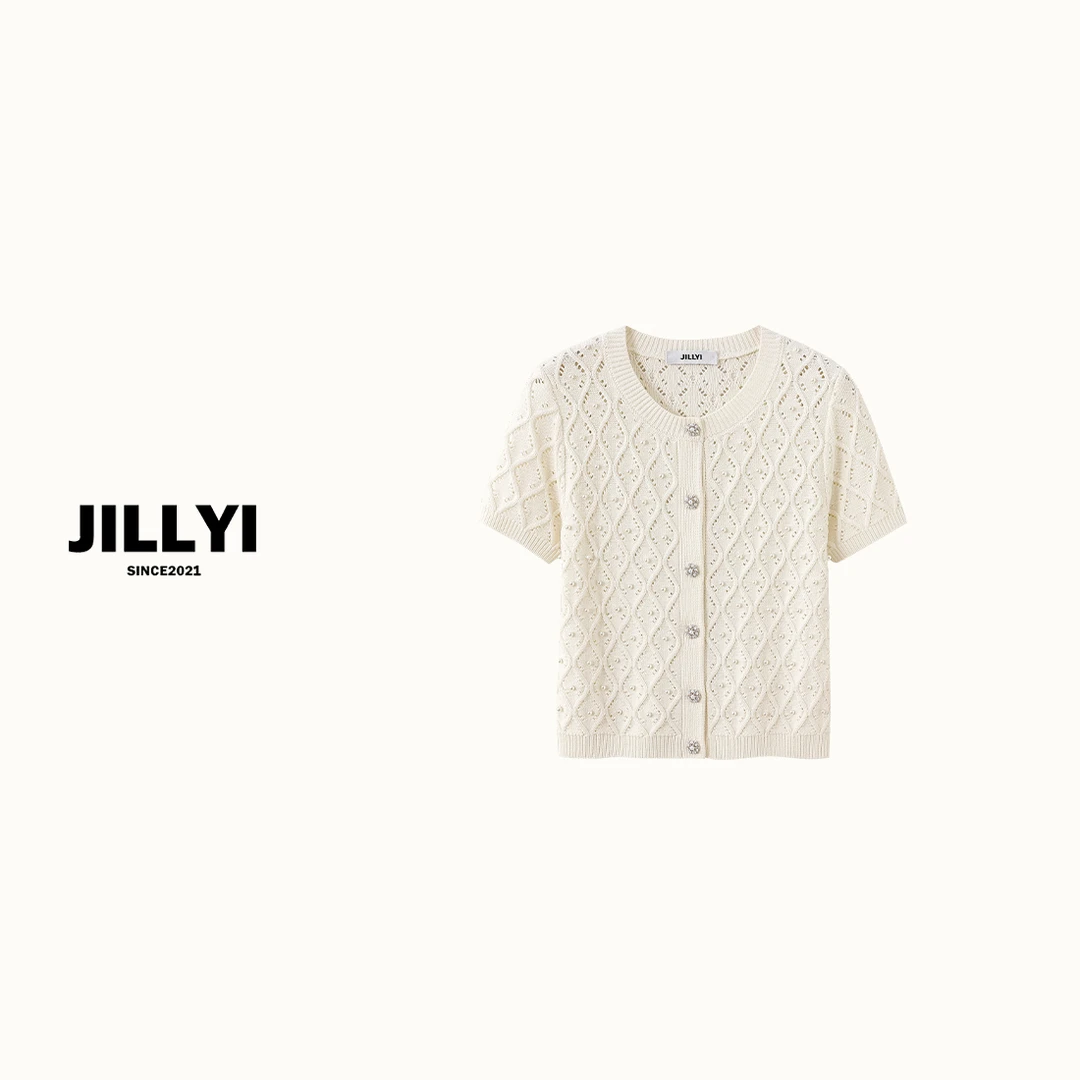 JILLYI南山店【云朵白】奶白色圆领波纹单排扣简约百搭针织开衫