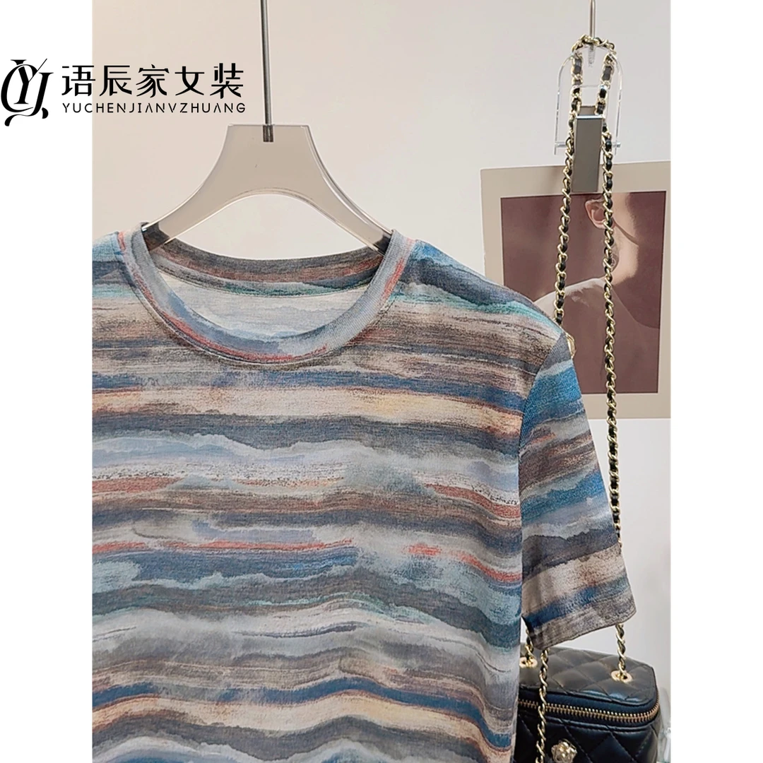 B985"水墨油画蓝晕染印花夏季宽松女T恤短袖百搭复古圆领上衣