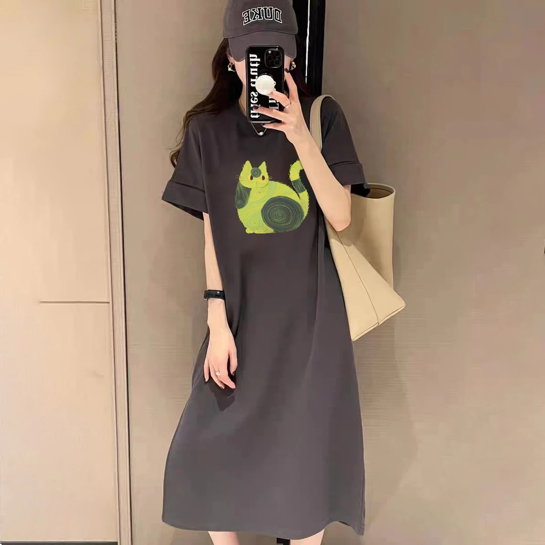 长款短袖连衣裙遮肉显瘦夏季2025新款宽松开叉长t裙懒人裙T恤裙女