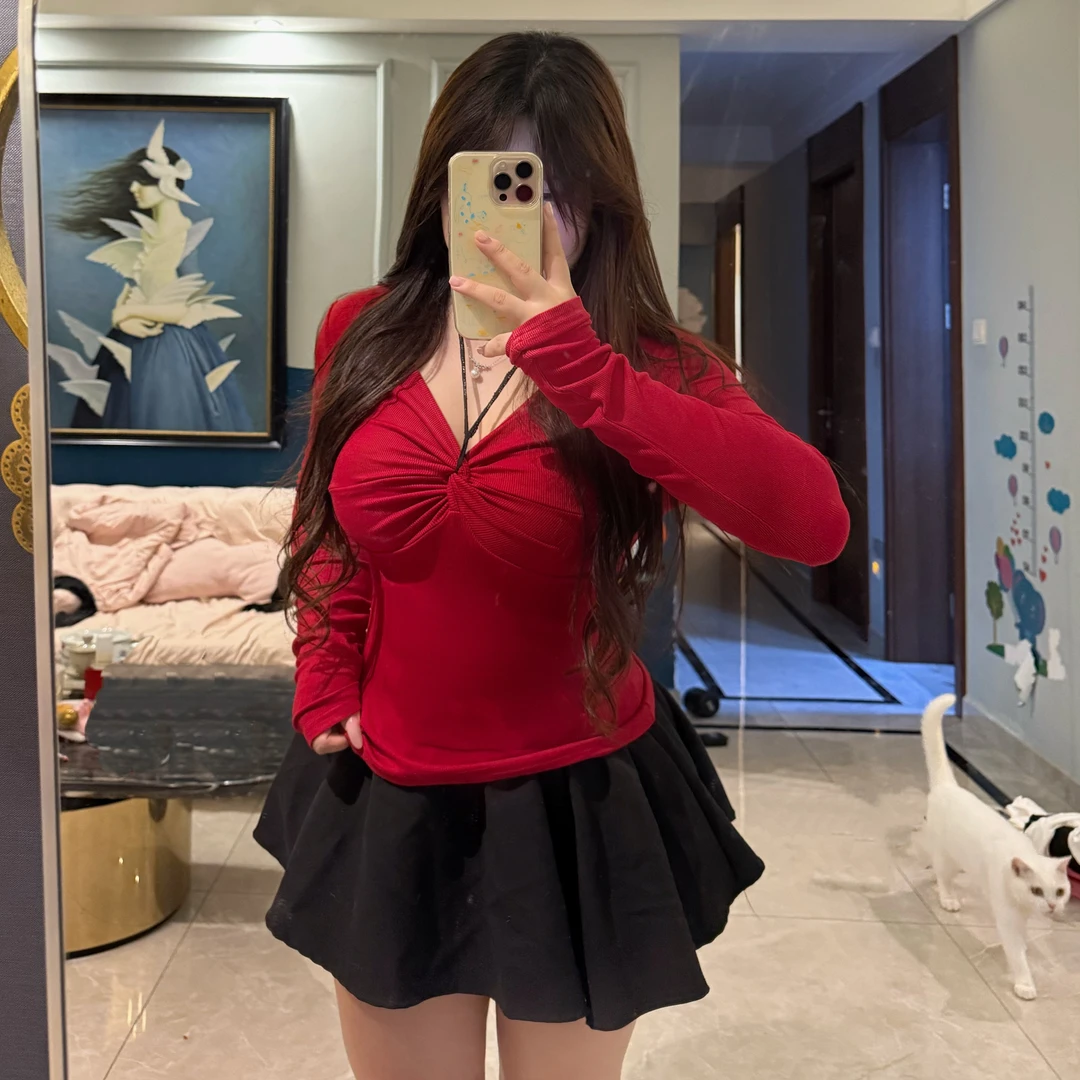 性感交叉飞飞袖长袖女穿搭设计感白色内搭上衣赠送挂脖辣妹秋季