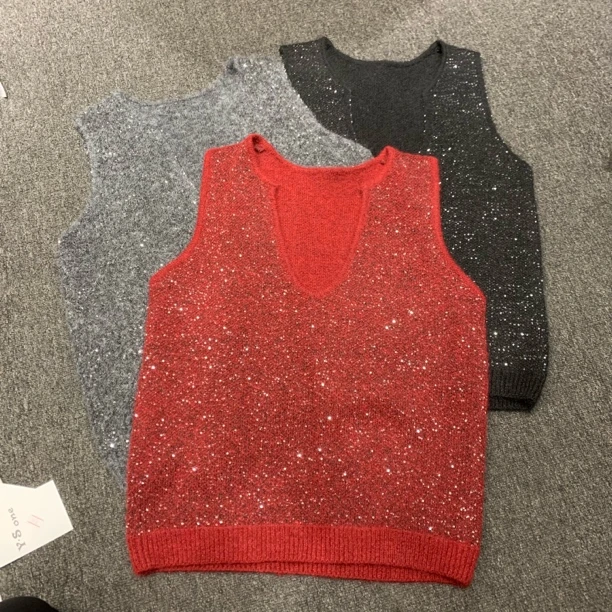 （老三）韩版毛衣亮片女厚款衫针织圆领女装时尚网红珠片无袖马夹