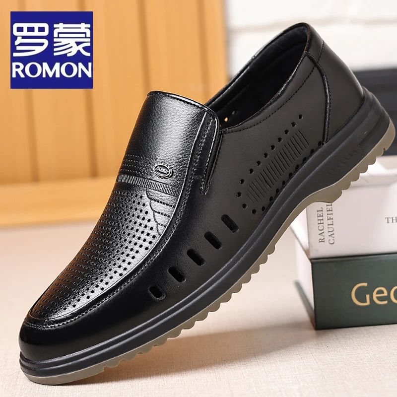Romon/罗蒙2025夏季新款商务正装皮鞋男中老年镂空透气套脚爸爸鞋