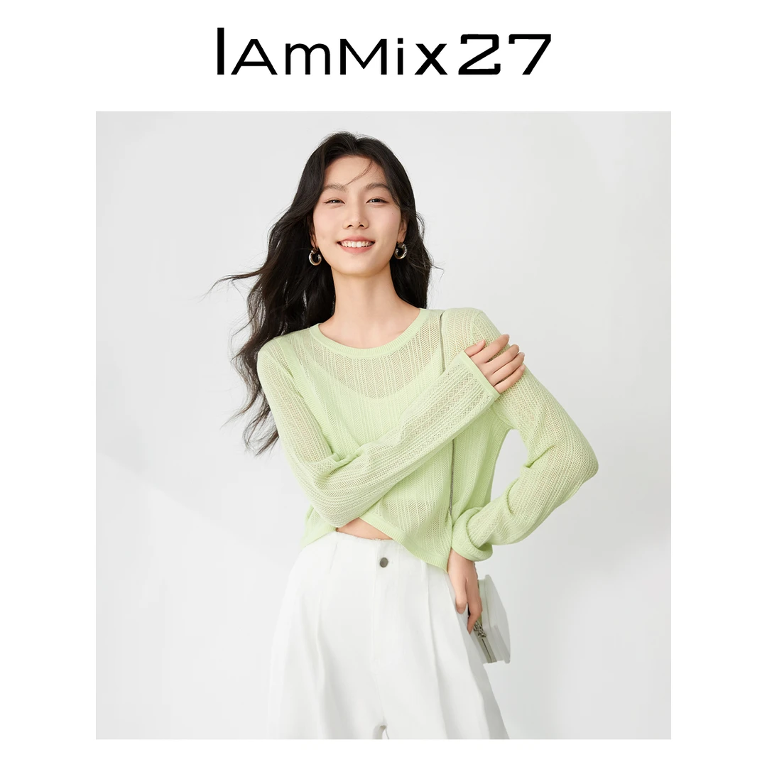 Iammix27圆领套头针织衫女夏季简约开衩透视感针织上衣M4B5836