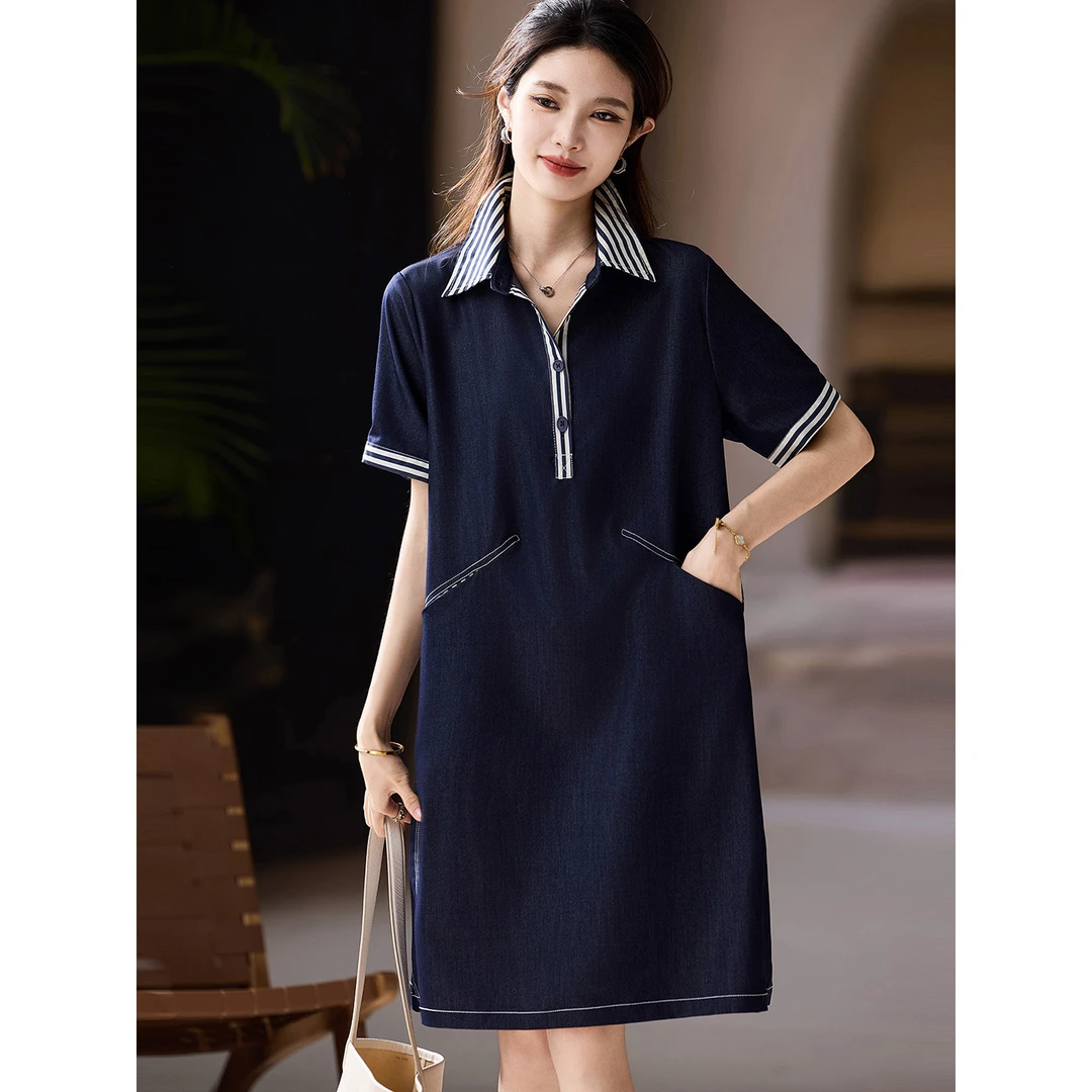 高端翻领拼接牛仔连衣裙女夏季2025新款时尚休闲气质宽松直筒裙子