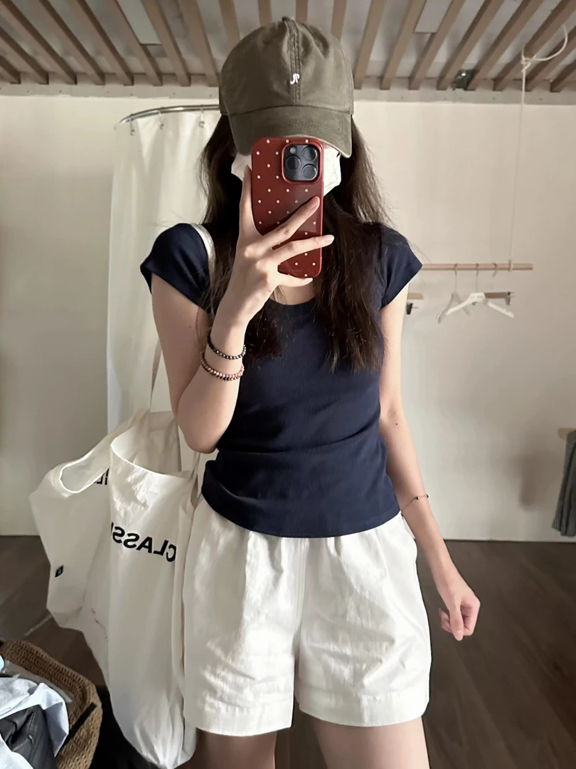 纯欲正肩U领休闲纯色黑色短袖T恤女潮流甜辣妹收腰上衣体恤小版衫