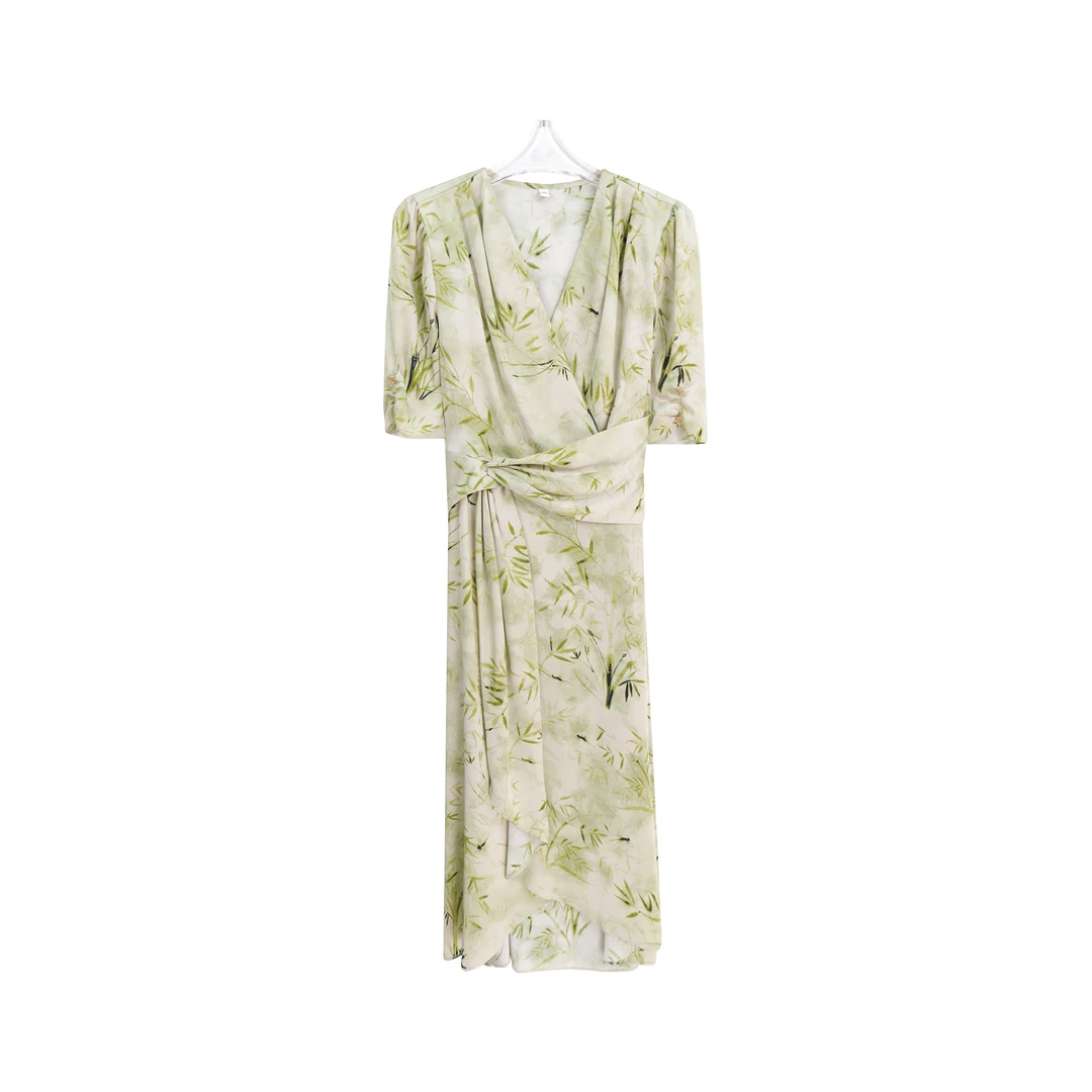 时尚V领复古印花收腰显瘦气质不规则连衣裙A13134