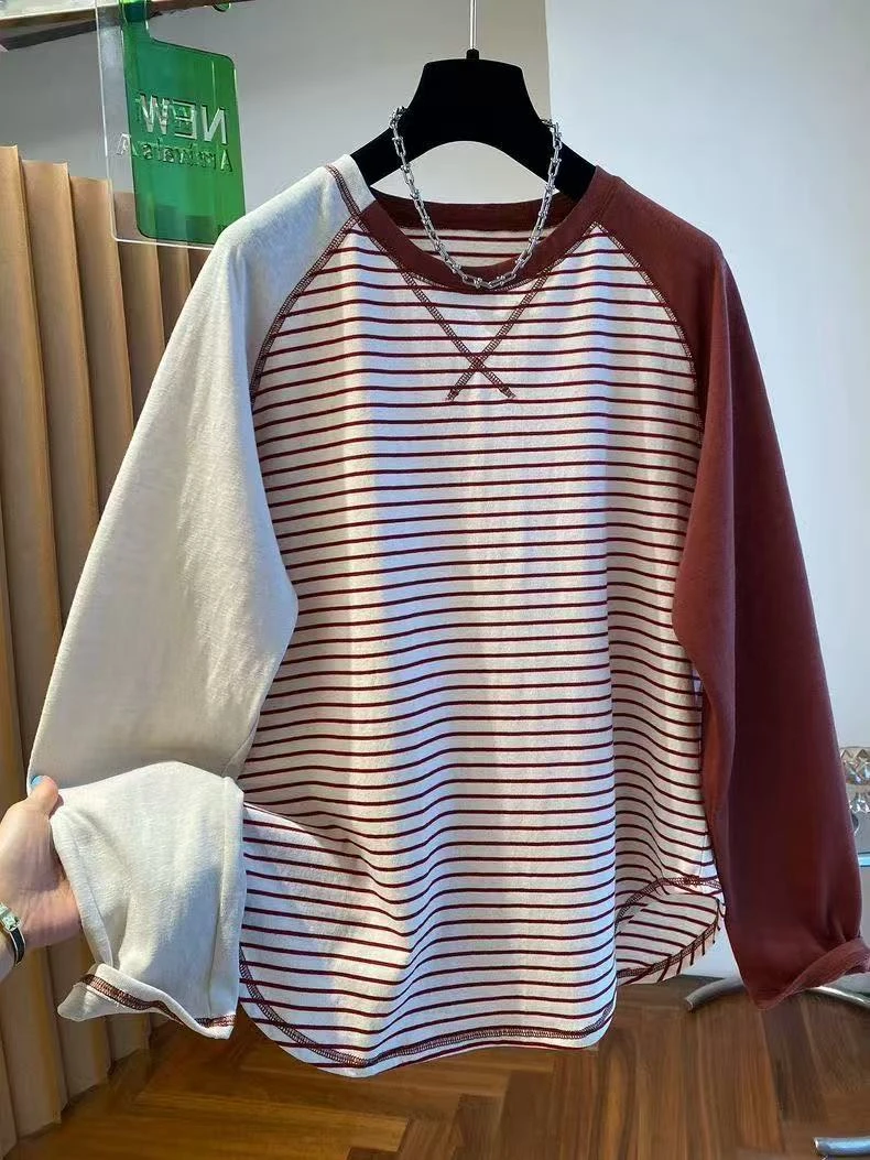 今年超流行!爆款撞色插肩条纹长袖T恤女早秋薄款复古减龄ins上衣