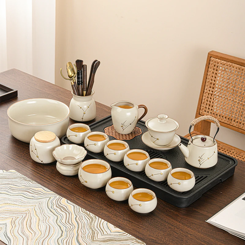 提梁壶黄汝窑高档锔钉功夫茶具套装高端全套礼盒装节日送领导长辈