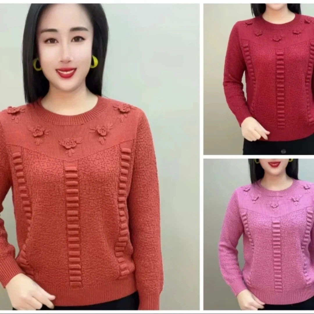 春季新款五朵小花针织衫时尚百搭圆领毛衫