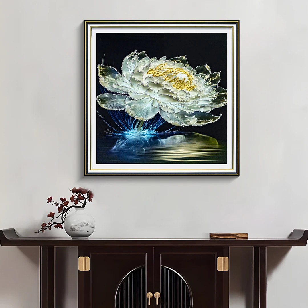 新中式客厅玄关装饰画禅意莲花轻奢入户走廊过道挂画光影睡莲6060