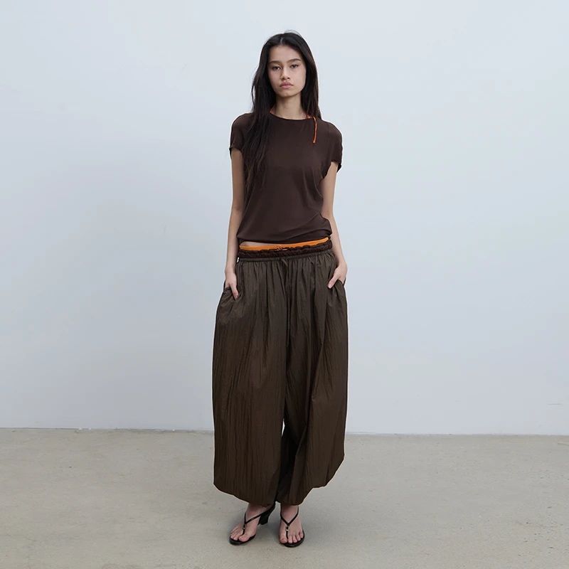 “云朵”轻盈抽褶阔腿裤 深棕/藕粉