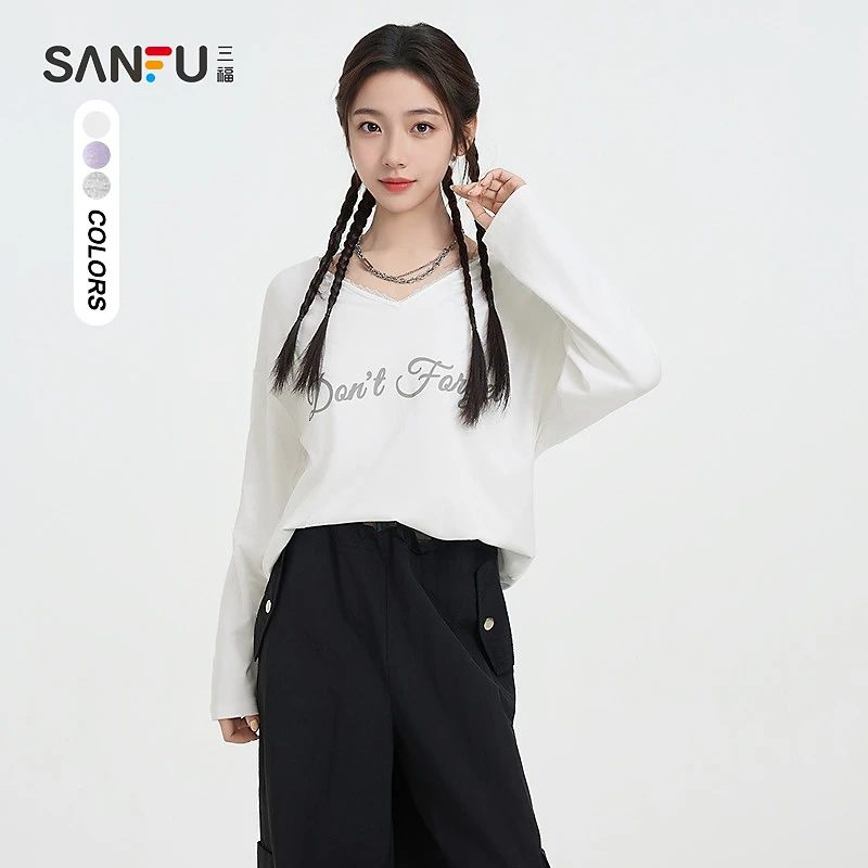 三福长T恤2025春季蕾丝拼接V领宽松时尚上衣女装496709