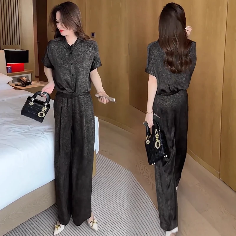 拉夏贝尔高级感时尚冰丝套装女2025夏季洋气穿搭一整套新款两件套