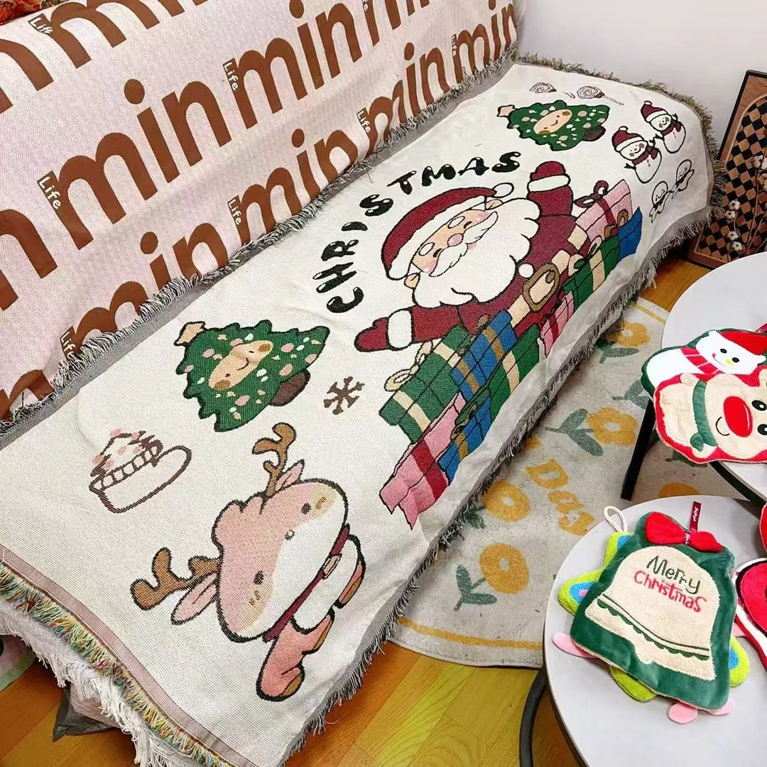 圣诞沙发巾棉纱家用沙发盖布四季通用万能盖毯简约沙发盖布