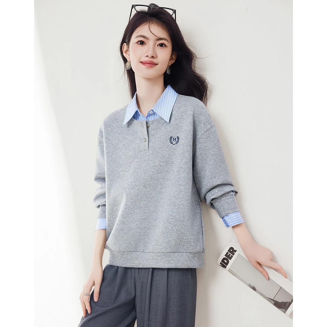 商场同款25秋冬新款学院风少女减龄刺绣宽松卫衣女牛仔拼接假两件