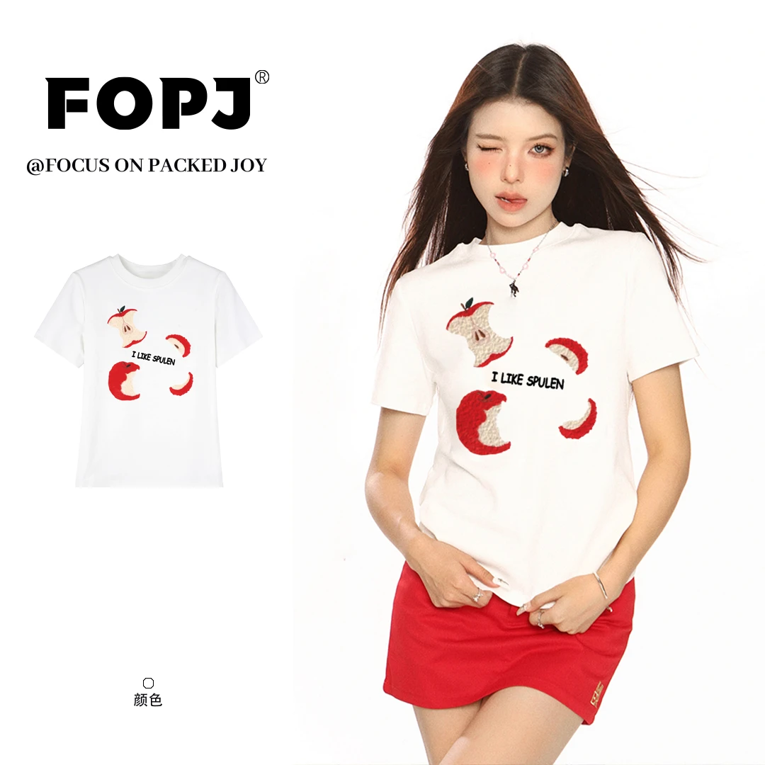 FOPJ设计感苹果毛巾刺绣白色正肩短袖t恤女夏季新款时尚圆领上衣