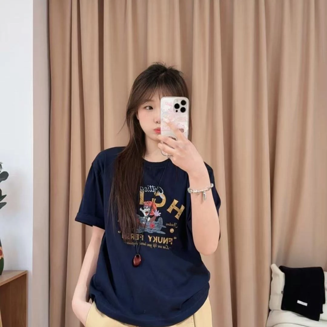 84940余小鱼【飞机T】三色卡通做旧字母印花圆领短袖百搭T恤女装