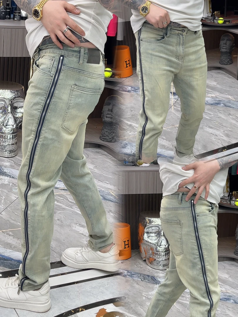 SH轻奢时尚高定男士雅痞潮流复古双拉链修身小直筒牛仔裤6216