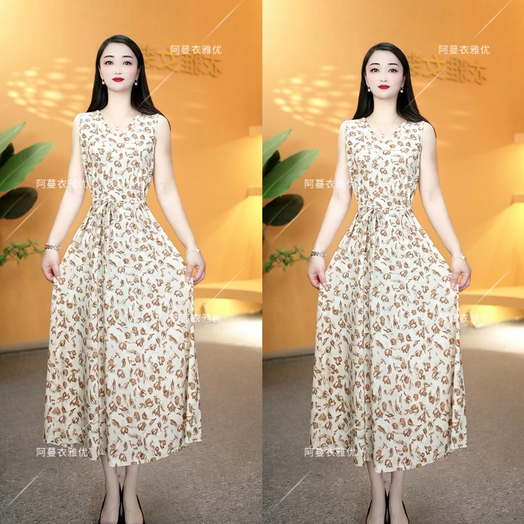 【衣雅严选】8080-1424新款遮肉显瘦系带山茶花百搭简约款连衣裙