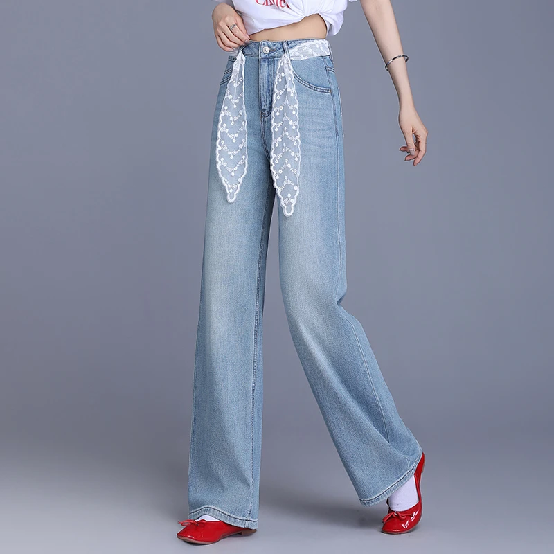 正品高端2025新款春夏时尚蕾丝腰带直筒牛仔裤高腰垂感窄版阔腿裤