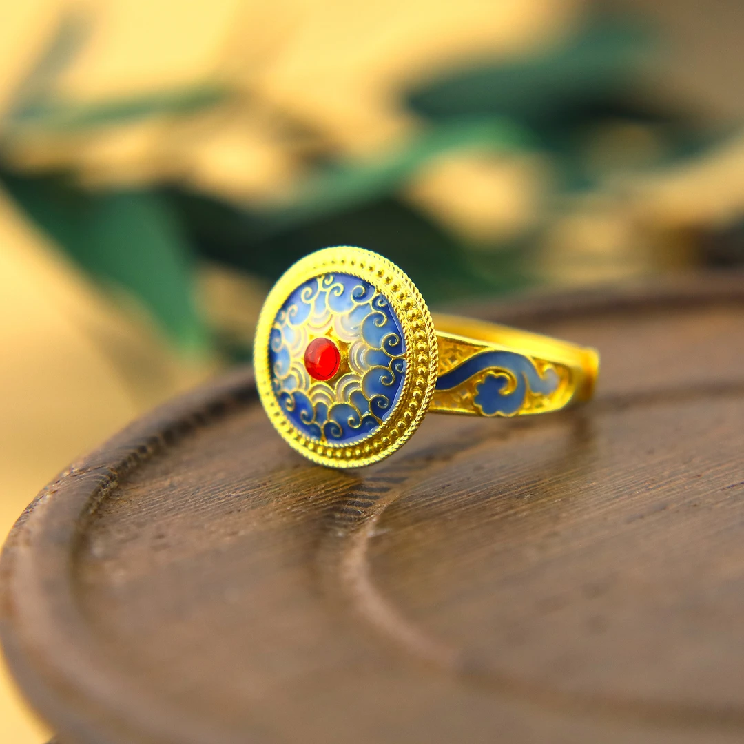 809/克古法金黄金珐琅彩古风花卉罗盘戒指