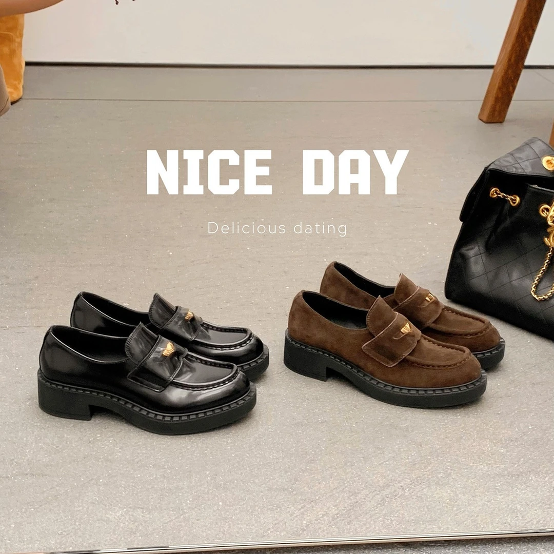 miu增高5cm粗跟真皮贵气小金币乐福单鞋厚底小皮鞋一脚蹬休闲女鞋