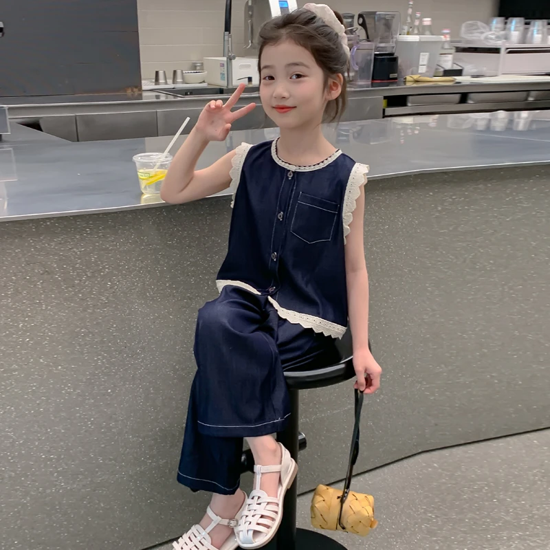 MK&DK女童套装2025款儿童洋气女孩夏季背心蕾丝边冰丝牛仔两件套