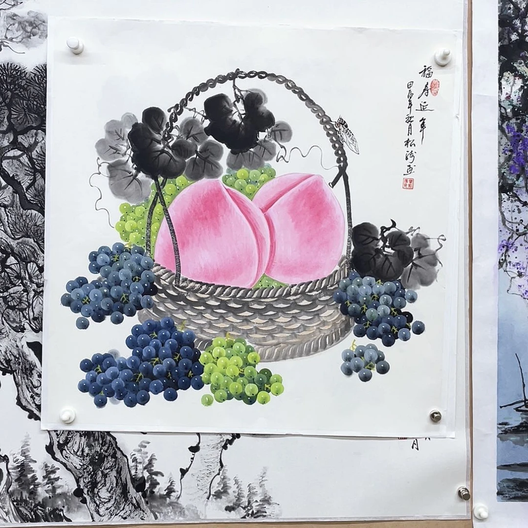 国画手绘国画福寿康宁，寿桃