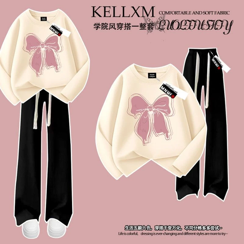 2025秋季新款女童纯棉长袖t恤长裤套装洋气潮牌蝴蝶结印花中大童