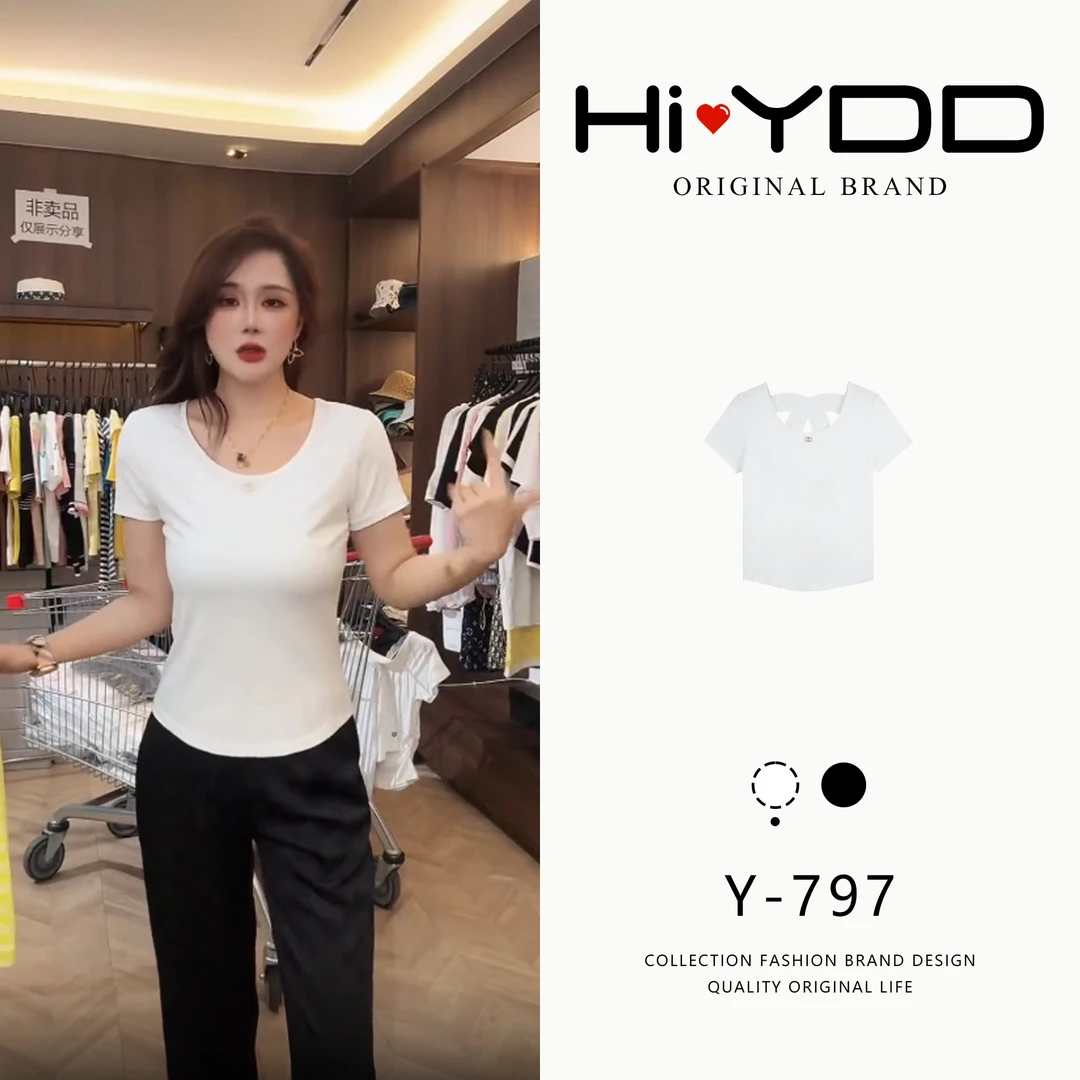 YDD•「Y-797」莱赛尔蕾丝后背拼接高级感U领短袖上衣XZ-8278