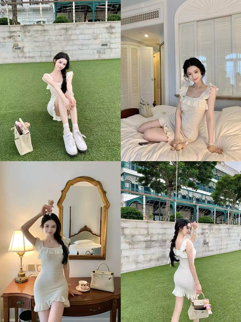 梦梦 MENGMENG｛娇娇漫夏 新款纯欲气质修身显瘦木耳边吊带连衣裙}