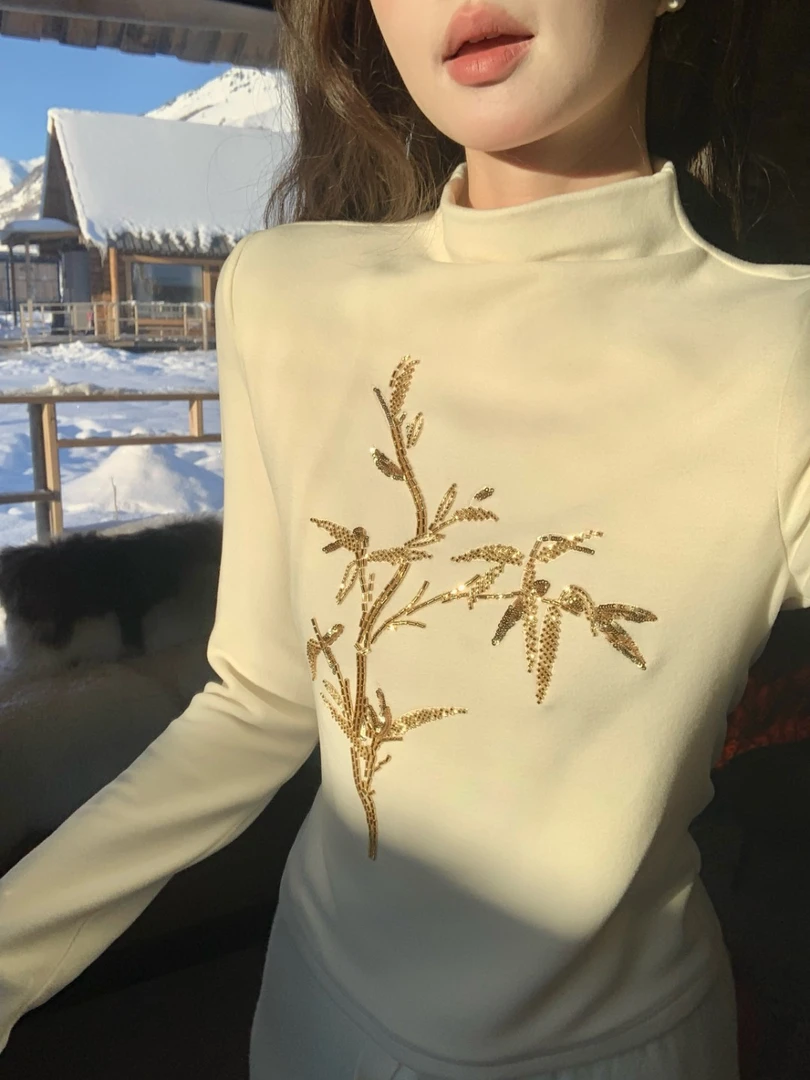 EIA一尧新中式国风【竹鸢】立领钉珠刺绣上衣显瘦高级精致针织长袖