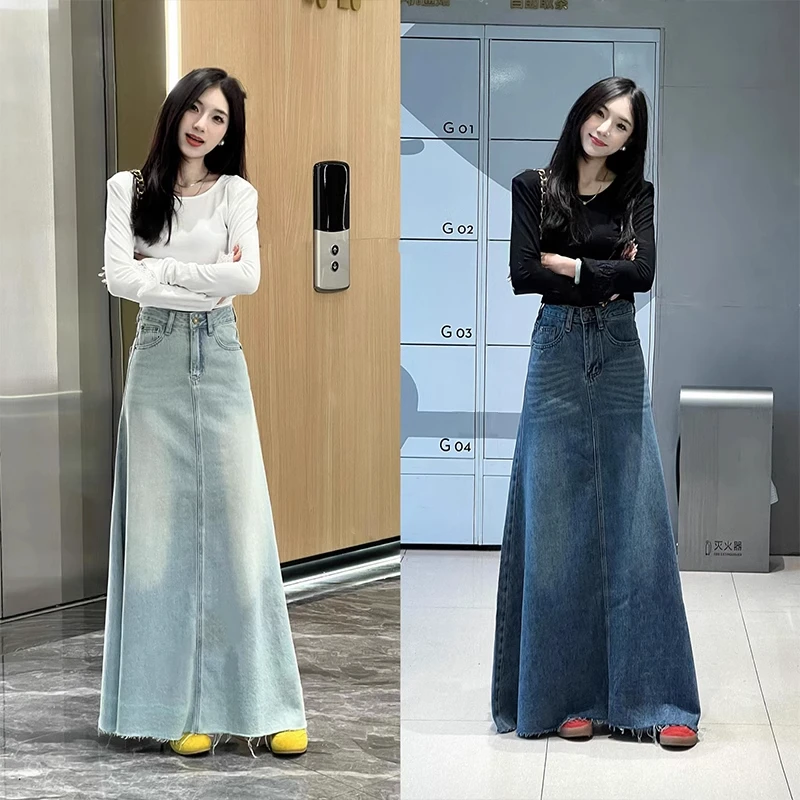 韩系高腰水洗加长牛仔裙高个子显瘦百搭A字半身裙