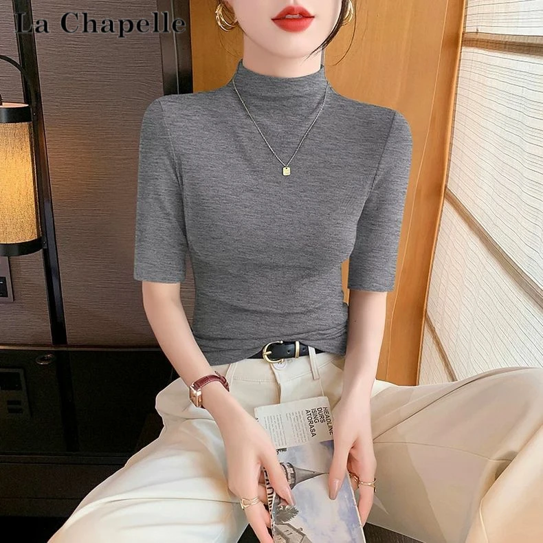 拉夏贝尔半高领中袖t恤女打底内搭2025新款春秋修身高级感上衣