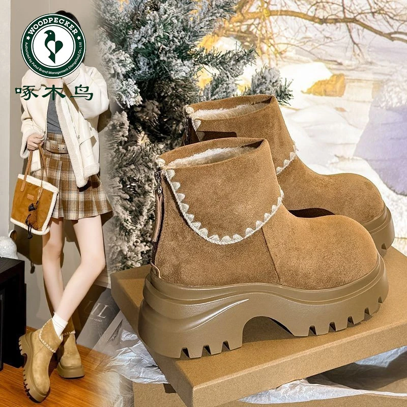 啄木鸟加绒马丁靴女款冬季小个子厚底增高复古短靴保暖雪地棉靴