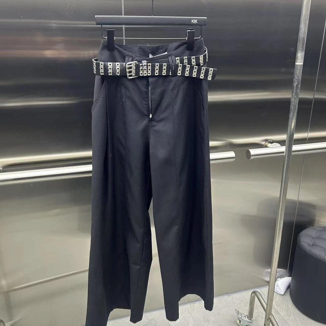 黑色洞洞腰带宽松垂感阔腿裤