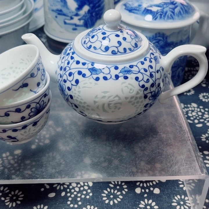 青花玲珑双鱼福字雕刻小壶2个小杯崇*