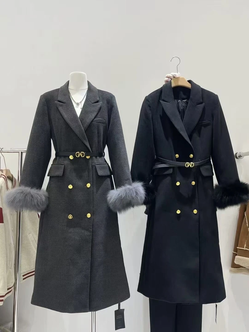 2024冬新款温柔甜美辣妹系大衣轻奢双排扣收腰外套