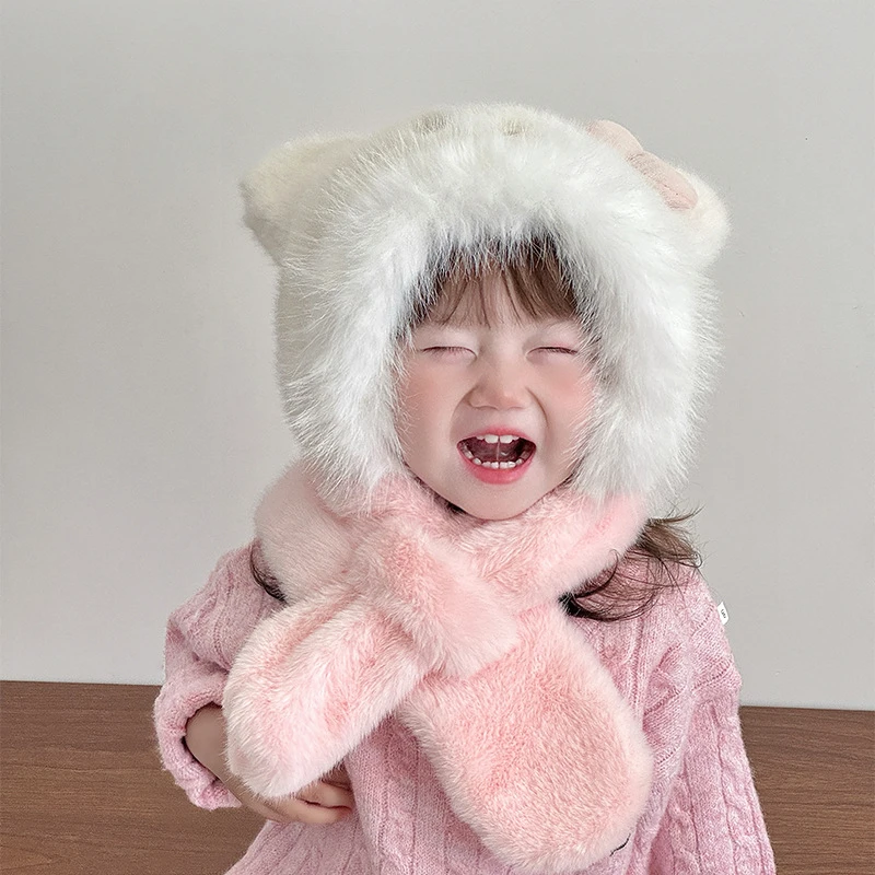 2025新款毛绒帽子秋冬围巾帽子一体保暖加厚卡通蝴蝶结KT猫护耳帽